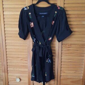 French Connection Black Embroidered Floral Silk Puff Sleeve Wrap Romper Size 4
